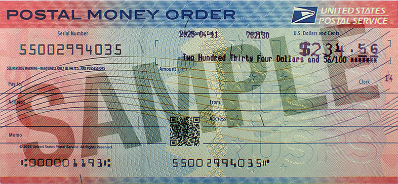 Sample blue, red, and blue postal money order.